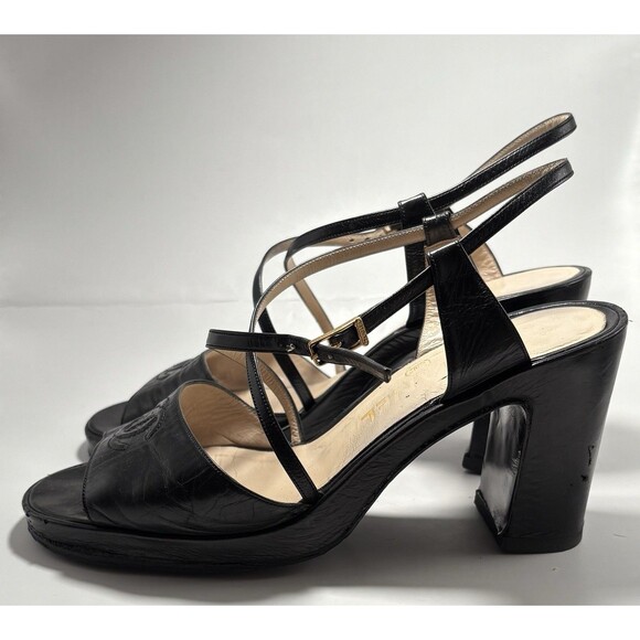 Chanel Block Heels Platform Black CC Logo Leather Sandals Vintage Sz EU 39 9 - Picture 10 of 12
